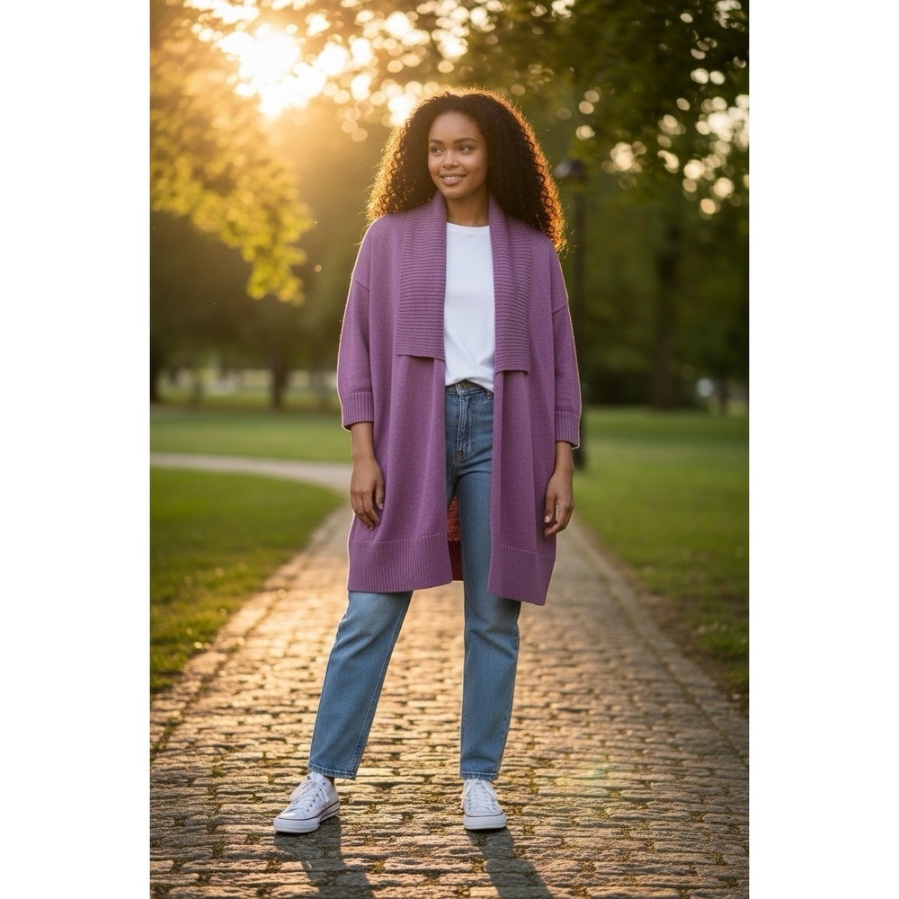 Eileen Fisher Organic Cotton Cardigan L Purple Shawl Collar Open Front Sweater